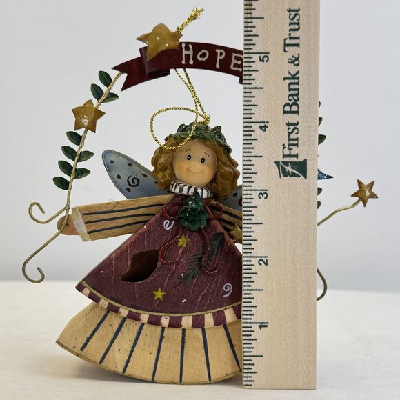 Hand-Painted Wooden Angel Ornament With "Hope" Banner Metal Wings Leaf Accents - Picture 8 of 10